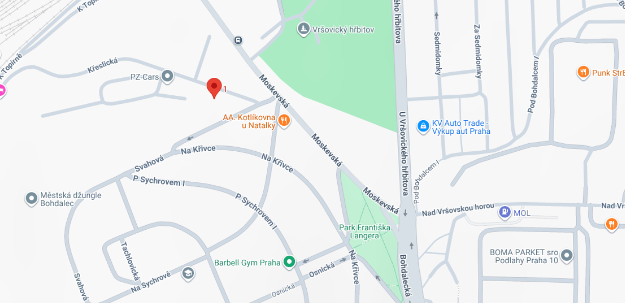 Mapa okolí provozovny AFTALIA na adrese Křeslická 1, Praha 10